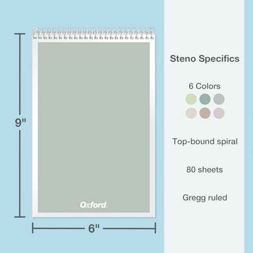 Oxford Steno Spiral Notebooks, Top Bound Steno Pads, 6x9 Inches, Gregg Ruled for Lists, White Paper, Asst. Neutral Covers, 80 Sheets, 6 Pack (1007113)