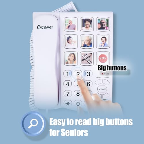 Big Button Phone for Seniors, Corded Landline Telephone with Handsfree Function and 9 Groups of Memory, One-Touch Dialling,Suitable People with Vision Disorders/Hearing Damage (EX-LD-858HF)
