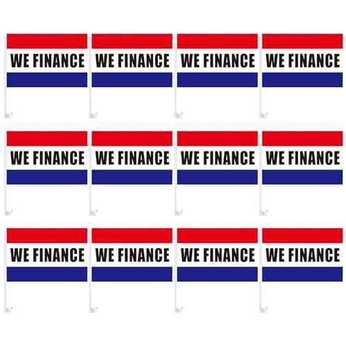 12 Pcs Window Clip on Flag 12 x 16 Inch Red Advertising Sign Single Sided Car Dealer Flags for Auto Dealers Vehicle Cars Accessories(We Finance)