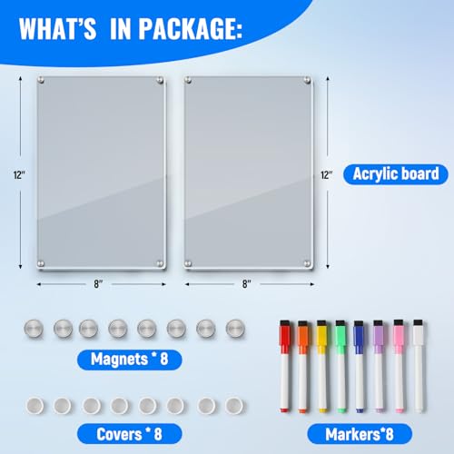 LANDNEOO 2 Pack 12x8 Acrylic Magnetic Whiteboards for Fridge, Dry Erase Menu & Planning Boards with 8 Markers