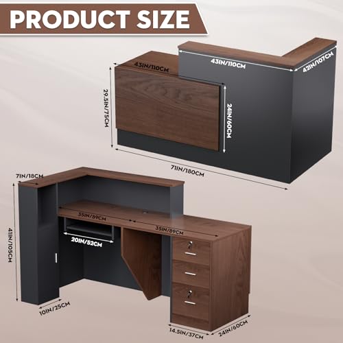 Drexo L-Shaped Wooden Reception Desk - Brown & Black, 71"L x 42"W x 41"H, Left