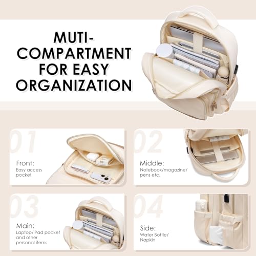 Laptop Backpack for Women,Travel Backpack with Laptop Compartment,Casual Daypack College Bookbag Computer Backpack for Work with Small Organizer Bag,Beige