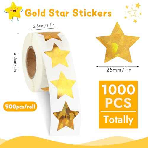 1000 pcs Star Stickers for Kids Reward, Holographic Gold Stars Stickers, 2 Rolls Sparkly Foil Star Stickers for Behavior Chart, Student Planner, School Classroom Students Teacher Supplies (1 inch)