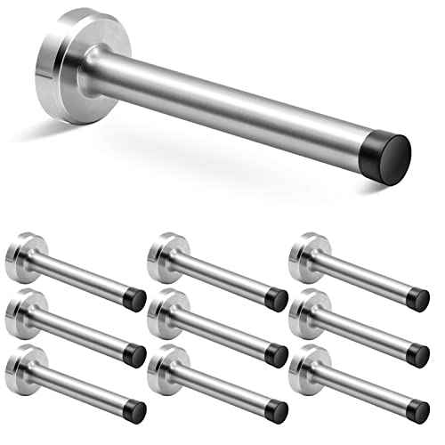 Brushed Nickel Doorstops (10 Pack) - 6 Inch Extra Long Metal Door Stoppers, Wall Mounted Baseboard Door Stop Bumper, Silver