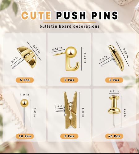 KEYDUACU Gold Push Pins Set, 150 Pcs with Storage Box - Heart, Star, Hook, Clip, Round & More