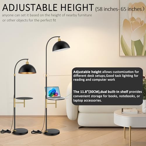 Floor Lamp with table Industrial Adjustable Height Arc Floor Reading Lamp with Shelves End Table Floor Lamp for Living Room Arc Black Standing Reading Lamp with Tray for Bedroom Office (Black White)