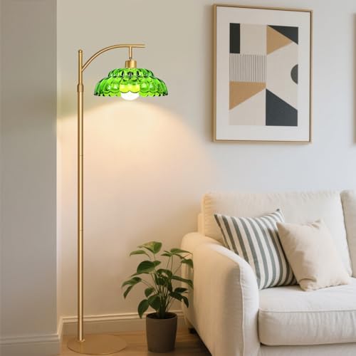 Dimmable Glass Floor Lamp, Mid Century Standing Lamp with Green Glass Shape, Modern Tall Lamp with Remote, Standing Floor Lamps for Living Room, 12W LED Bulb Included