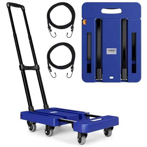 Folding Hand Trucks, Heavy Duty Dolly Cart with 6 Wheels & 2 Elastic Ropes, Foldable & Ideal for Luggage, Travel, Moving, Shopping, Office Use, Hold Up to 500 LB, Easy to Store, Navy Blue