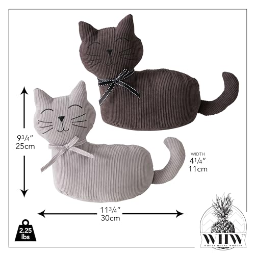 Kitty Cat Door Stops, Set of 2, Bow Collars, Grey and Brown Corduroy Fabric, Weighted, 11.75 Inches