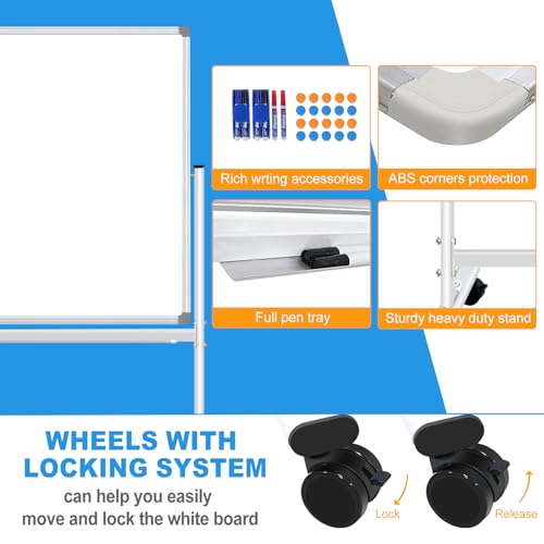 Silver 40x28-inch Double-Sided Mobile Whiteboard with Stand and Wheels