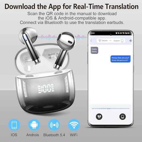 AI Language Translation Earbuds, 3-in-1 Translator Earbuds Real-Time with 5 Translation Modes via Ear Dance APP, 164 Language Bluetooth 5.4 Translators Headphones for Travel, Business, Learning, Black