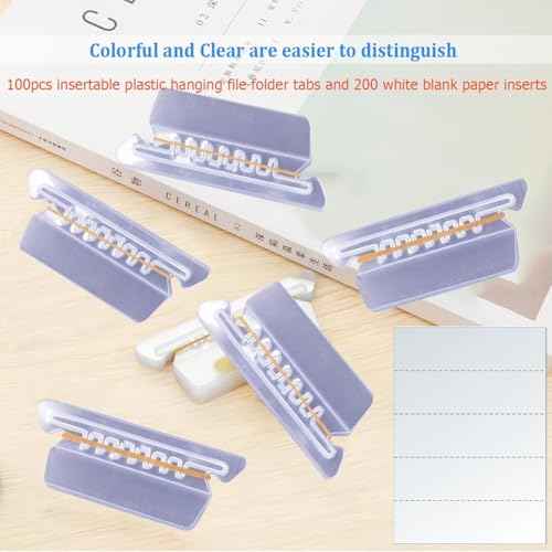File Folder Tabs, Insertable Plastic Tabs Hanging Folder Tabs,100 Pcs Hanging File Folder Tabs with 200Pcs Inserts for Hanging Folders (Clear)