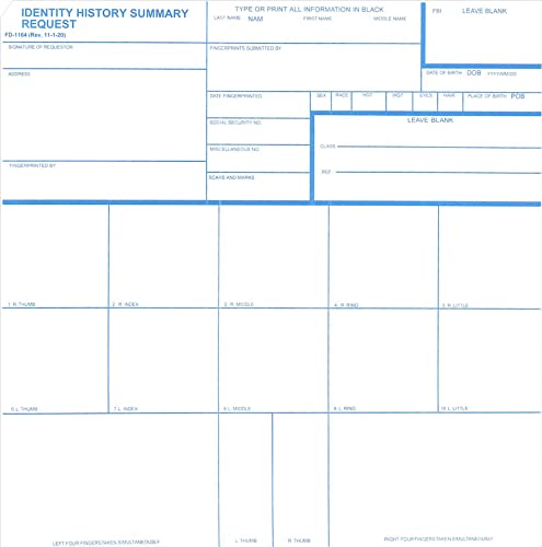 FD-1164 Fingerprint Card Kit with 5 Ink Strips & 5 Cards – FBI History Summary (Rap Sheet)