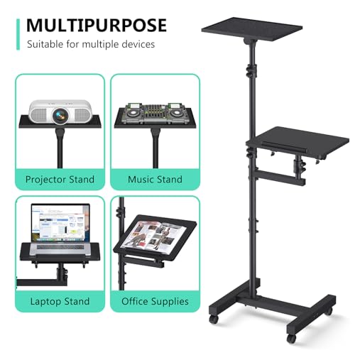 Projector Stand Tripod: 2 Shelves Mobile Laptop Cart Adjustable Height 45 to 64 Inches, Rolling Laptop Stand Cart with Ventilated Tray, Projector Tripod Stand on Wheels for Couch, Bedside, Meeting