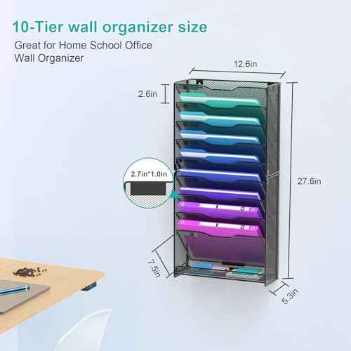 10 Tier Hanging Wall File Organizer, Wall File Holder Organizer Mounted Letter Mail Magazine File Rack With Flat Tray For Office Home School, Black
