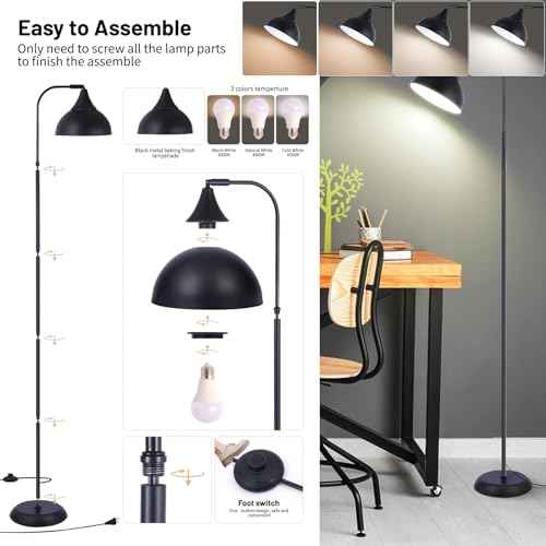 Industrial LED Floor Lamp,Black Metal Adjustable Standing Lamp for Living Room, Bedroom, Office,Rotating Head Tall Reading Lamp for Sofa or Desk, Modern Home Decor (Industrial, Tall)