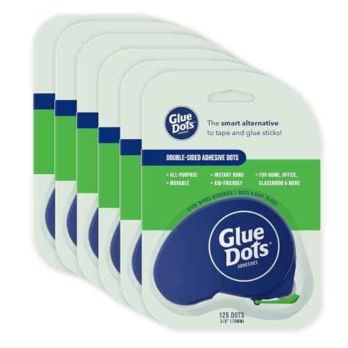 Glue Dots, Dispenser for everyday uses, 6-pack, 750 total dots, 3/8", .375 Inches, Movable, Repositionable, Multi-Functional, Label Containers, Glue Stick and Tape Alternative, Clear