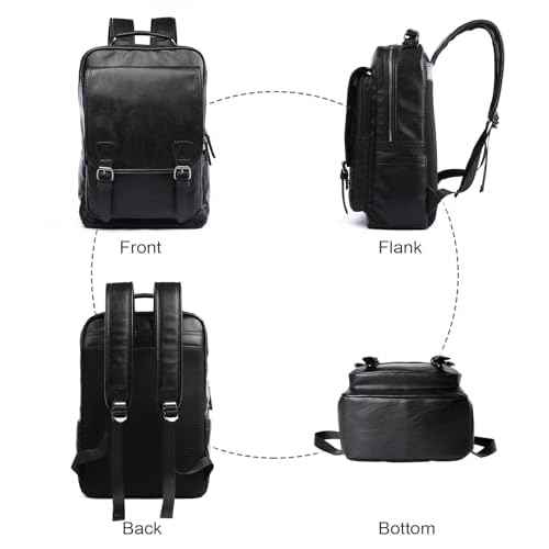 Leather Backpack fits 15.6 Inch Laptop Vintage Backpack Waterproof Flap Bookbag for Men Leather Travel Backpack for Men Casual Knapsack Black