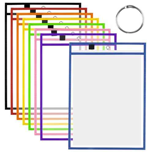BEVTEE 8 Pack Dry Erase Pocket Sleeves with 1 Ring, 10x14 Inch Clear Plastic Paper Sleeves, Reusable Sheet Protectors, Teaching Supplies for Classroom Elementary