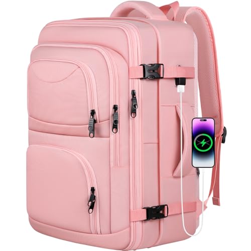 Travel Backpack for Women, 52L Carry On Backpack, Extra Large Expandable Travel Bag, 18.4 Inch TSA Flight Approved Luggage Personal Item Size with USB, Teacher Business Daypack, Pink
