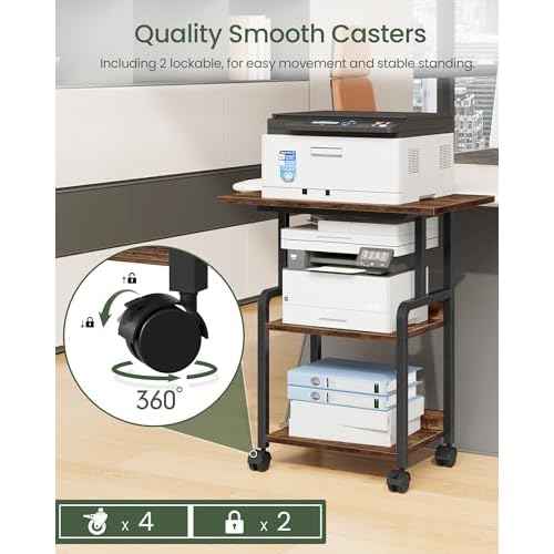 23.6-in Printer Stand with Storage, 3-Tier Printer Table for Home Office, Printer Cart Under Desk Storage, Suitable for Study, Kitchen, Living Room, Rustic Brown and Black TPS02BF