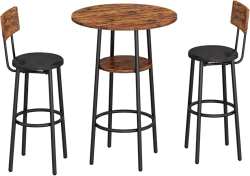 ILCQU Brown 3-Piece Dining Table Set for 2 – Small Round Pub Table with Storage & PU Upholstered Stools