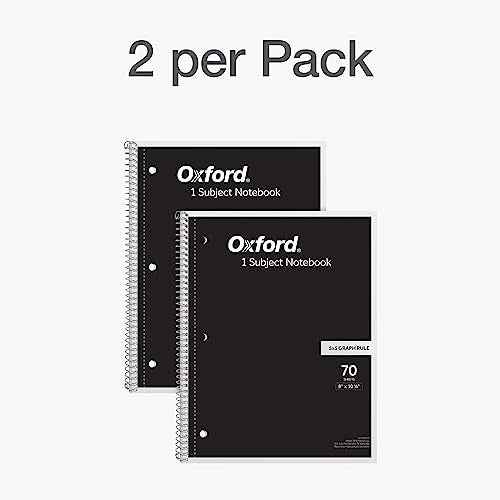 Oxford Spiral Notebook 2 Pack, 1 Subject School Pads, 3-Hole Punch, 5 x 5 Inch Graph Paper, 8-1/2 x 10-1/2 Inches, Black Covers, 70 Perforated Sheets (65214)
