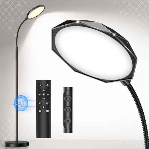Floor Lamp, 18W Bright LED Floor Lamps for Living Room with Diamond-Surface, Stepless Adjustable Colors & Dimmer Standing Lamp with Timer, Remote & Touch Control, Reading Lights for Bedroom, Office
