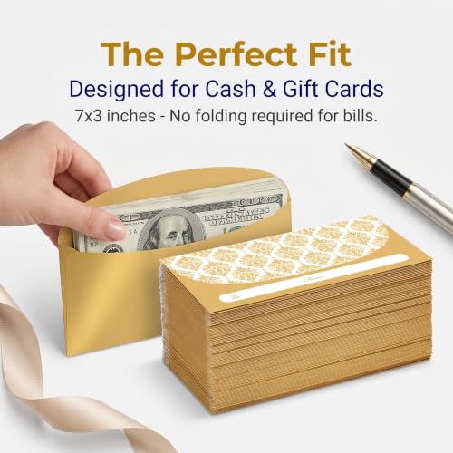 Gold Money Envelopes Bulk Pack for Cash Gifts - 100 Pack 7x3 Inches