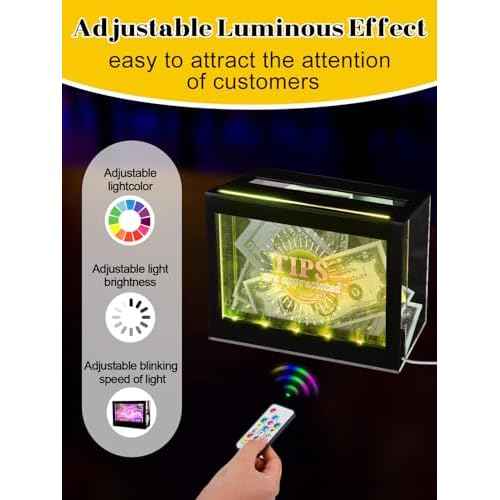 Light Up Tip Jar for Money - Acrylic Donation Ballot Box for Bartender with 2 Sign Holders, Re-mote, LED Light, Lock- Suggestion Box Tip Box for Restaurants Musicians Voting Charity, USB Powered