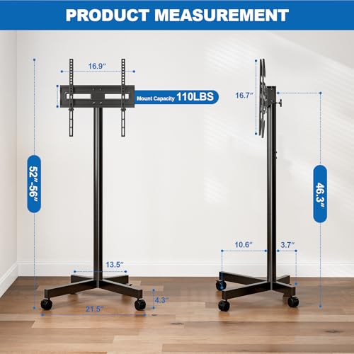 HOLMAXD Black Mobile TV Cart Rolling Stand for 23-65 Inch TVs up to 110lbs
