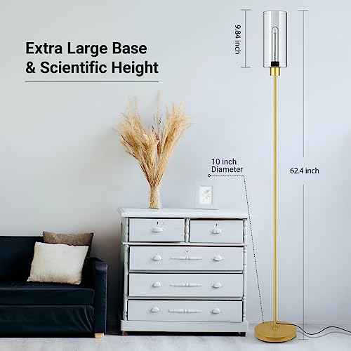 BoostArea Gold Modern Floor Lamp With Glass Lampshade - Simple Design Standing Lamp for Living Room, Bedroom, Office, Kids Room, Reading