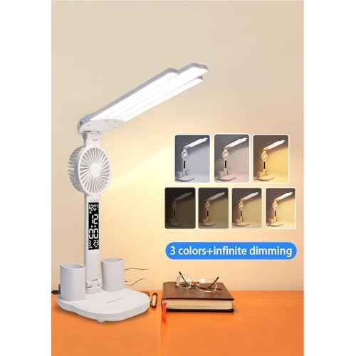 Led Desk Lamp with Fan Study Light with Clock, Adjustable Foldable Table Lamp with Pen Holder, 3 Brightness Levels, USB Charging Port