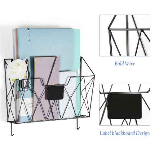 Hanging File Holder Wall File Organizer Holder, 6 Pockets Wall Mount Vertical Magazine Rack with Hooks for Office Home, Black