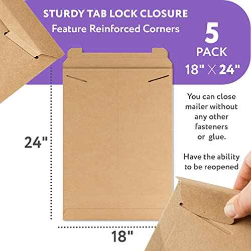 APQ Tab Lock Rigid Mailers 18 x 24 Inches. Pack of 5 Brown Double Wall Cardboard Envelope Mailers. Sturdy Stay Flat Mailers for Photos, Documents, and Artworks. Shipping Photo Mailer Envelopes