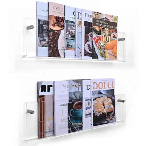 2 Pack 24 Inch Clear Acrylic Magazine Holder, Floating Brochure Display, Invisible Record Holder Magazine Rack, Hanging Bookshelf Literature for Waiting Room, Office, Home