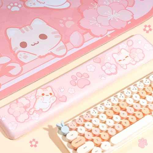 BelugaDesign Sakura Cat Desk Pad | NS Switch Keyboard Laptop Gaming Setup Accessories Mat Large Mat Mousepad | Pastel Pink Bunny Kawaii Cute Anime Desk Mat Blotter Protector with Gel Wrist Support