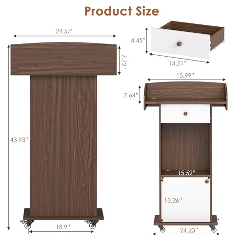 Qriocioa Brown & White Podium Stand with Wheels, Wooden Lectern with Storage