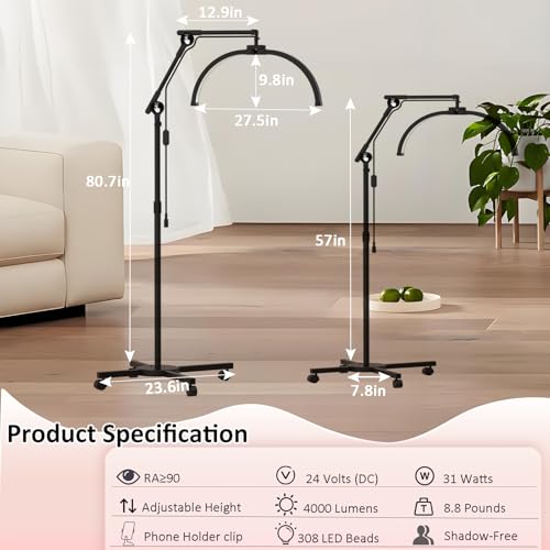 Half Moon Light for Lash Tech, LED Floor Lamp with Wheeled Base, Lash Light for Eyelash Extension, Tattoo Artists, Beauty, Adjustable Brightness, Phone Holder