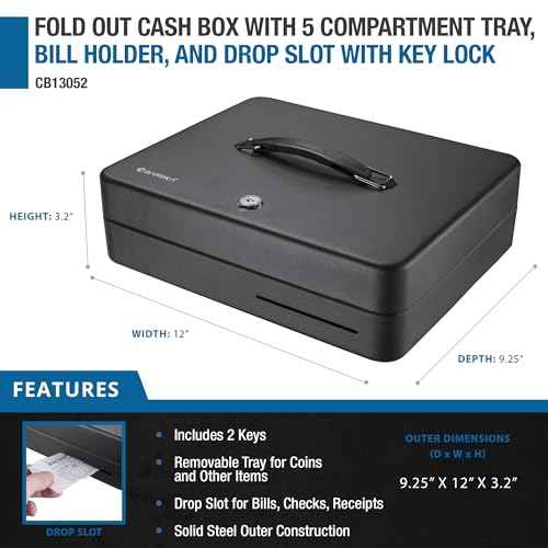 Barska 12-Inch Fold Out Cash Box with Key Lock ? Drop Slot, 4 Bill Compartments, 5 Coin Tray Sections, Steel Construction, Portable Money Box for Home, Office, or Events
