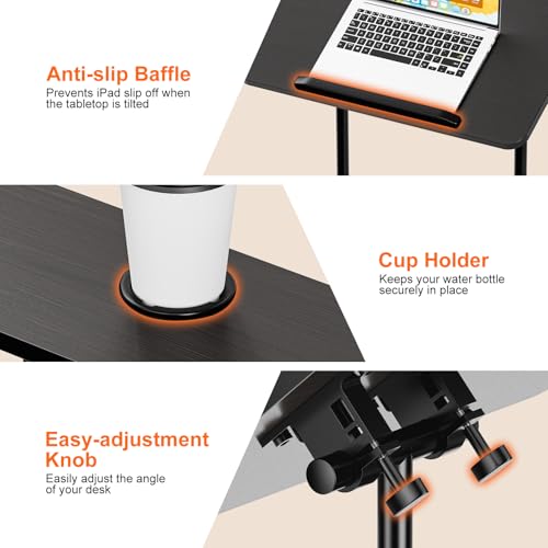 OUKMIC 24x16in Adjustable Height Rolling Podium Stand with 180° Tilting Desktop - Black