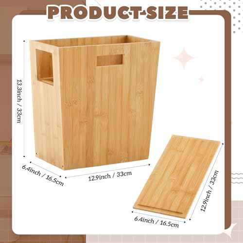 Slim Bamboo Trash Can for Bathroom Small Wooden Trash Can with Lid Wooden Waste Bin with Handle for Bathroom, Home, Office, Laundry, Bedroom, Kitchen, Living Room,12.9'' x 6.4'' x 13.3''