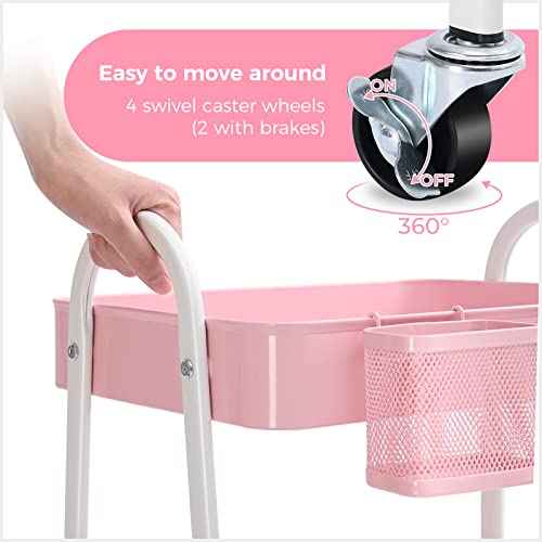 KINGRACK 3 Tier Utility Rolling Carts, Metal Rolling Storage Cart, Craft Art Cart with Handle and Locking Wheels & 2 Hanging Baskets 4 Hooks for Bathroom, Bedroom, Pink