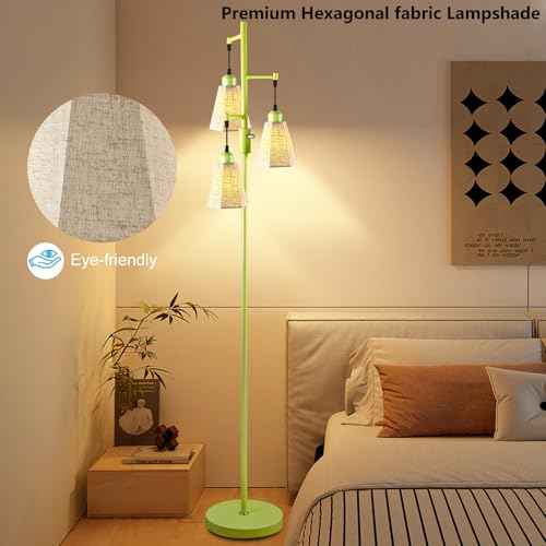 Lightdot 68IN Dimmable Floor Lamp for Living Room, Industrial 3-Light Tree Floor Lamps with LED E26 Bulbs Included, Mid Century Floor Lamp with Fabric Patterned Lampshades for Bedroom Hom Office-Green