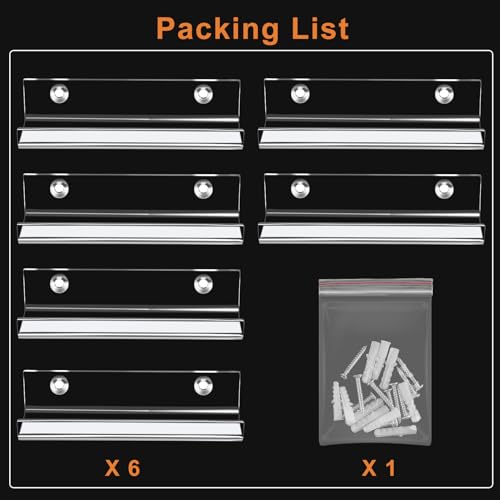 Jansburg 6 Pack Wall Mount Vinyl Record Shelves - Clear Acrylic Floating Album Holders, 4 Inch