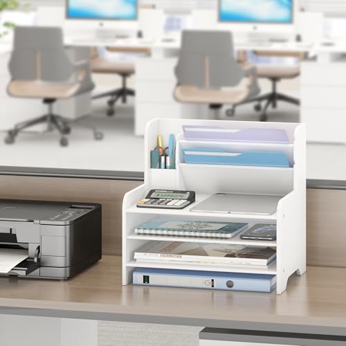 Desk File Organizer - 6-Tier Desktop Mail Letter Tray Paper Document Organizer with Pen Holder for Home Office Supplies, Office Desk Accessories & Workspace (White)
