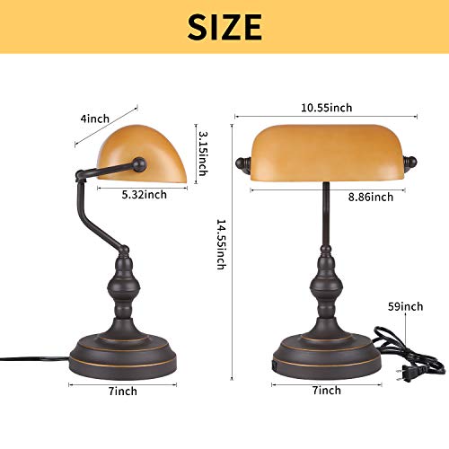 Banker Desk Lamp Touch Control, Vintage Banker's Desk Lamp with USB Port, 3 Way Dimmable Desk Lamps, Farmhouse Library Lamp Oil Rubbed Bronze for Office, Study Room