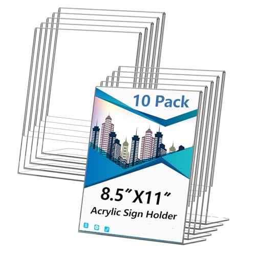 Acrylic Sign Holder 8.5x11 Inches, 10 Pack Clear Plastic Table Flyer Display Stand, L-Shape Vertical Menu Paper Holder Stand, Clear Picture Photo Flyer Display Stand for Restaurants, Store Fair,Office