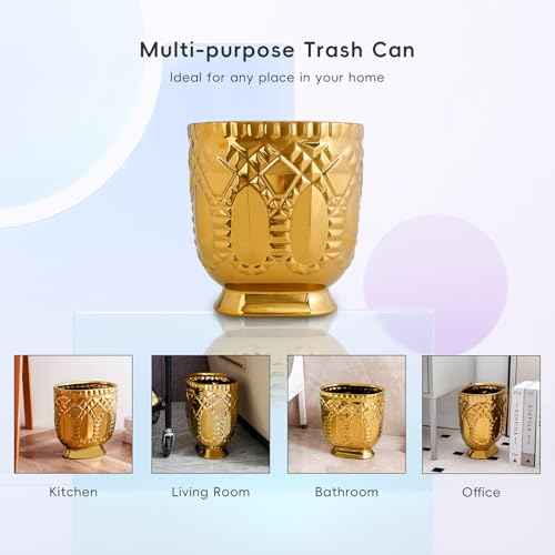 Modern Golden Trash Can, Ceramic Waste Container Garbage Receptacle Bin for Bathrooms, Powder Rooms, Kitchens - Stylish Wastebasket Garbage Can for Home & Office