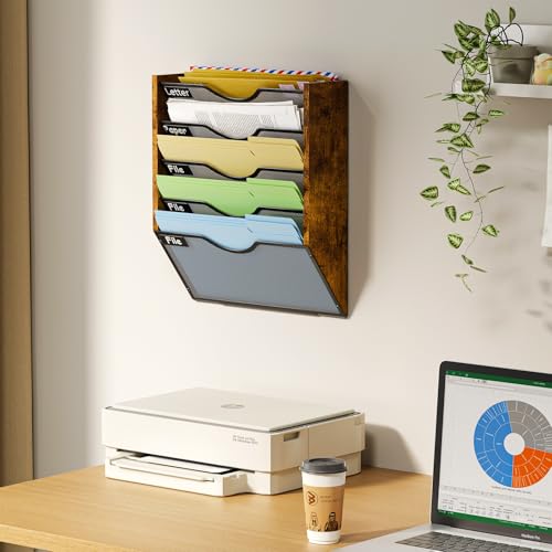 Koozuuyk 5-Tier Ironwood Wall-Mounted File Organizer with 5 Pockets, Mesh Mail and Document Holder, Black